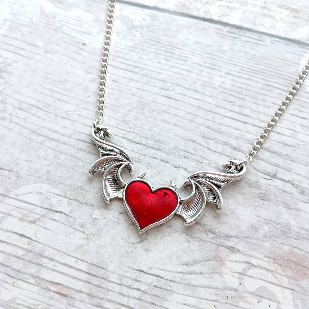 Winged heart necklace, devil heart with horns necklace, halloween jewellery, gothic jewellery, steampunk present, gifts for her