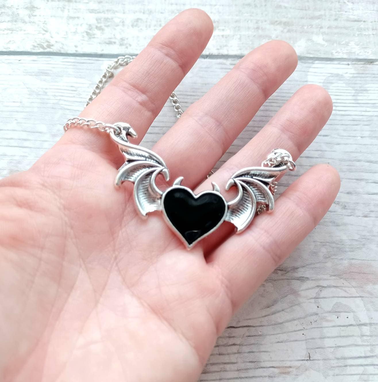Winged heart necklace, devil heart with horns necklace, halloween jewellery, gothic jewellery, steampunk present, gifts for her