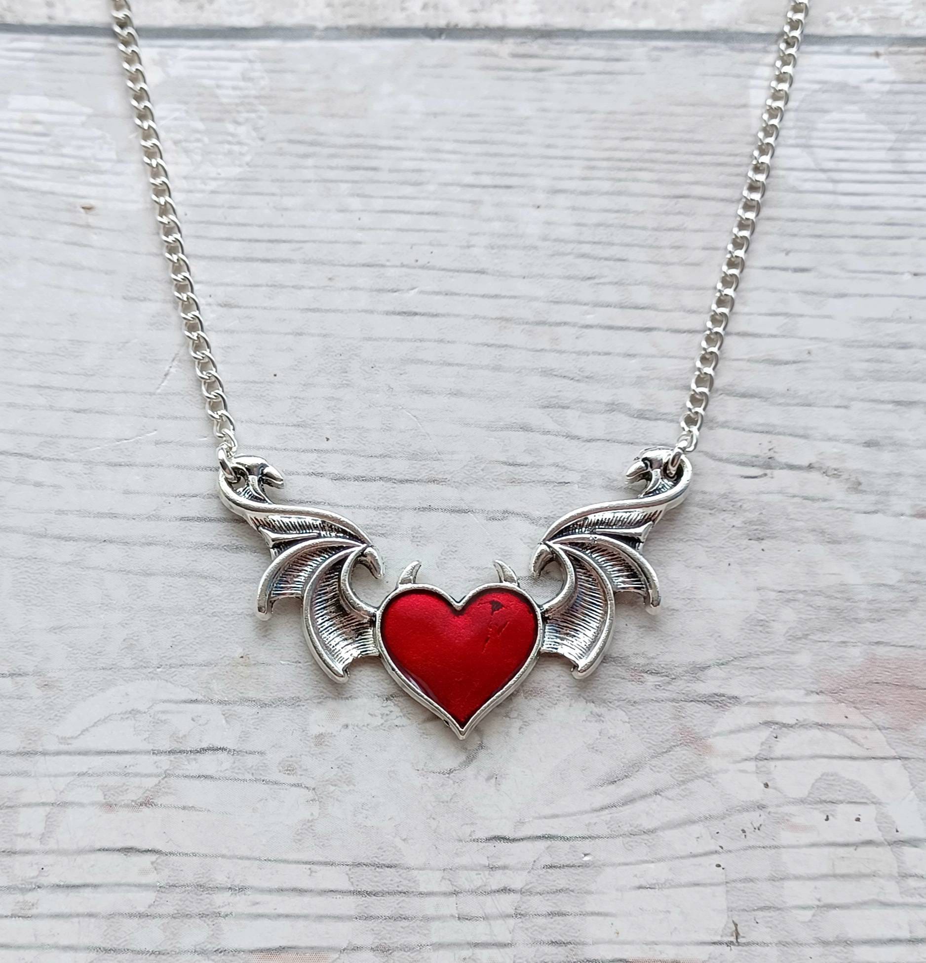 Winged heart necklace, devil heart with horns necklace, halloween jewellery, gothic jewellery, steampunk present, gifts for her