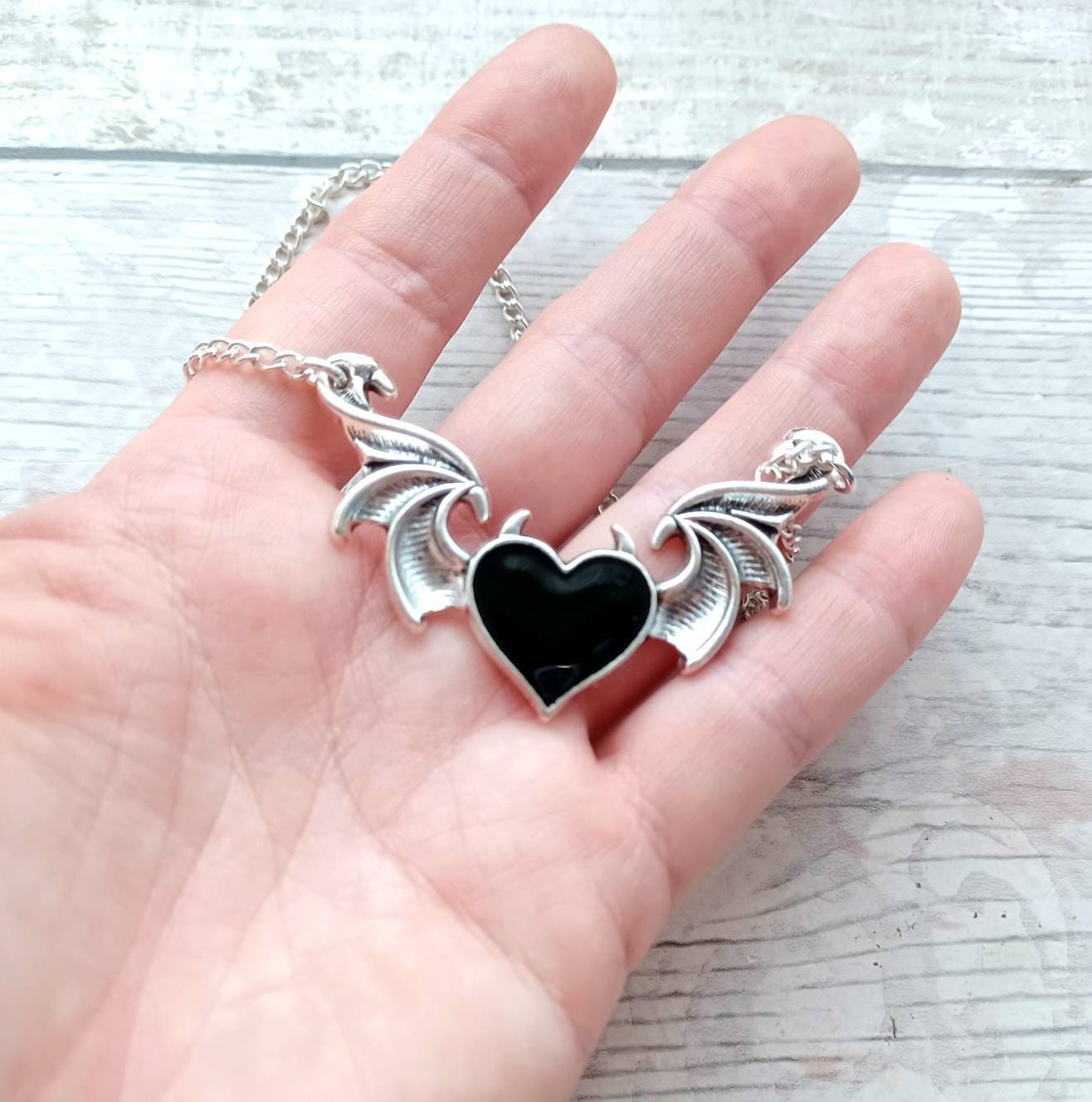 Winged heart necklace, devil heart with horns necklace, halloween jewellery, gothic jewellery, steampunk present, gifts for her
