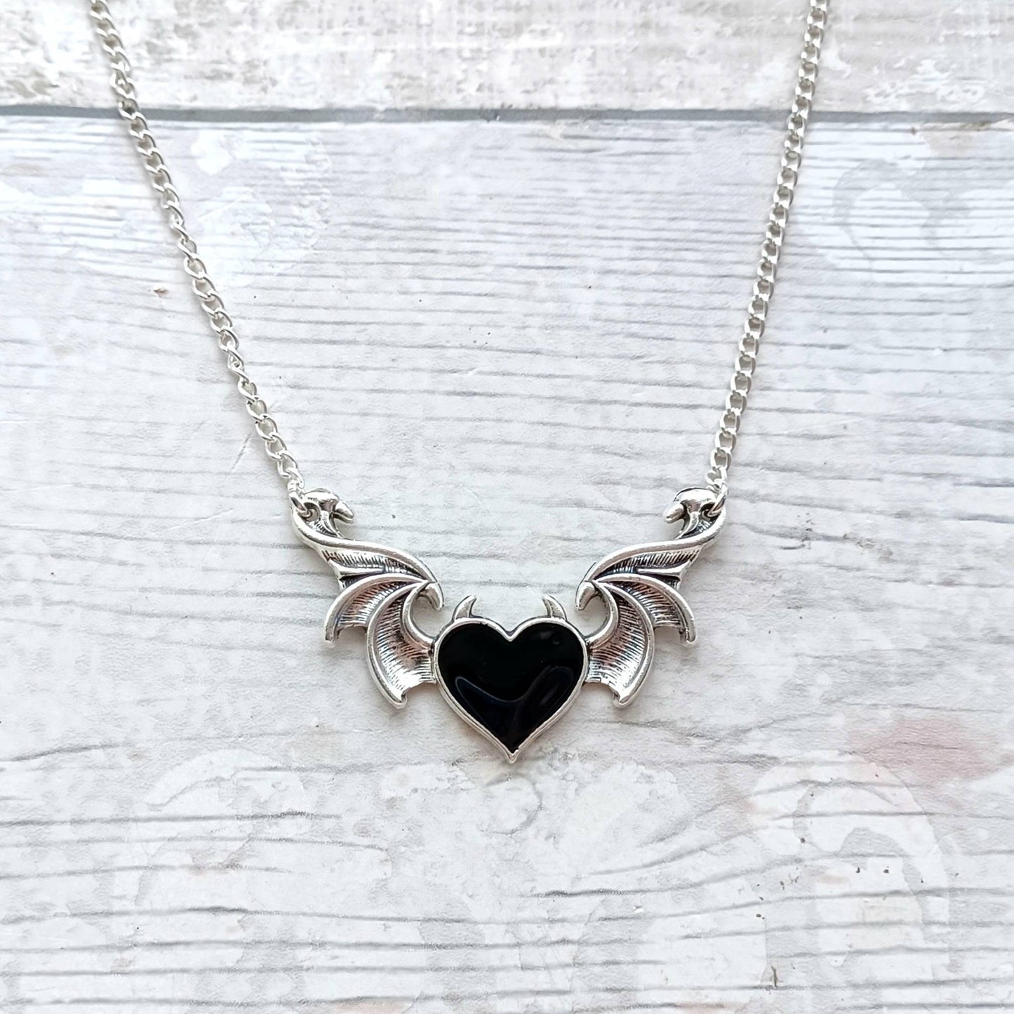 Winged heart necklace, devil heart with horns necklace, halloween jewellery, gothic jewellery, steampunk present, gifts for her