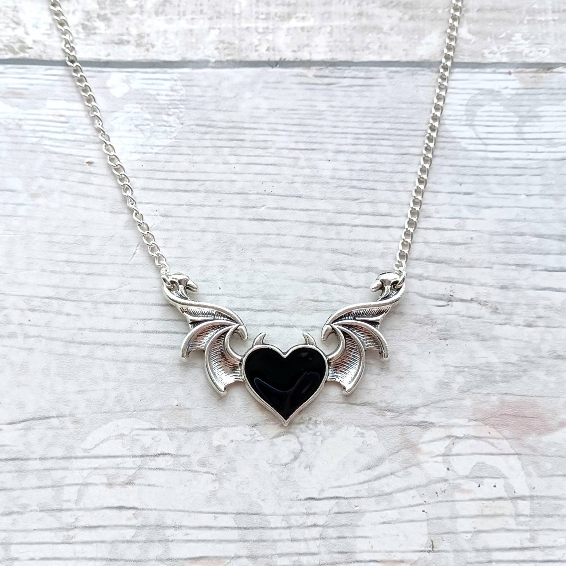 Winged heart necklace, devil heart with horns necklace, halloween jewellery, gothic jewellery, steampunk present, gifts for her