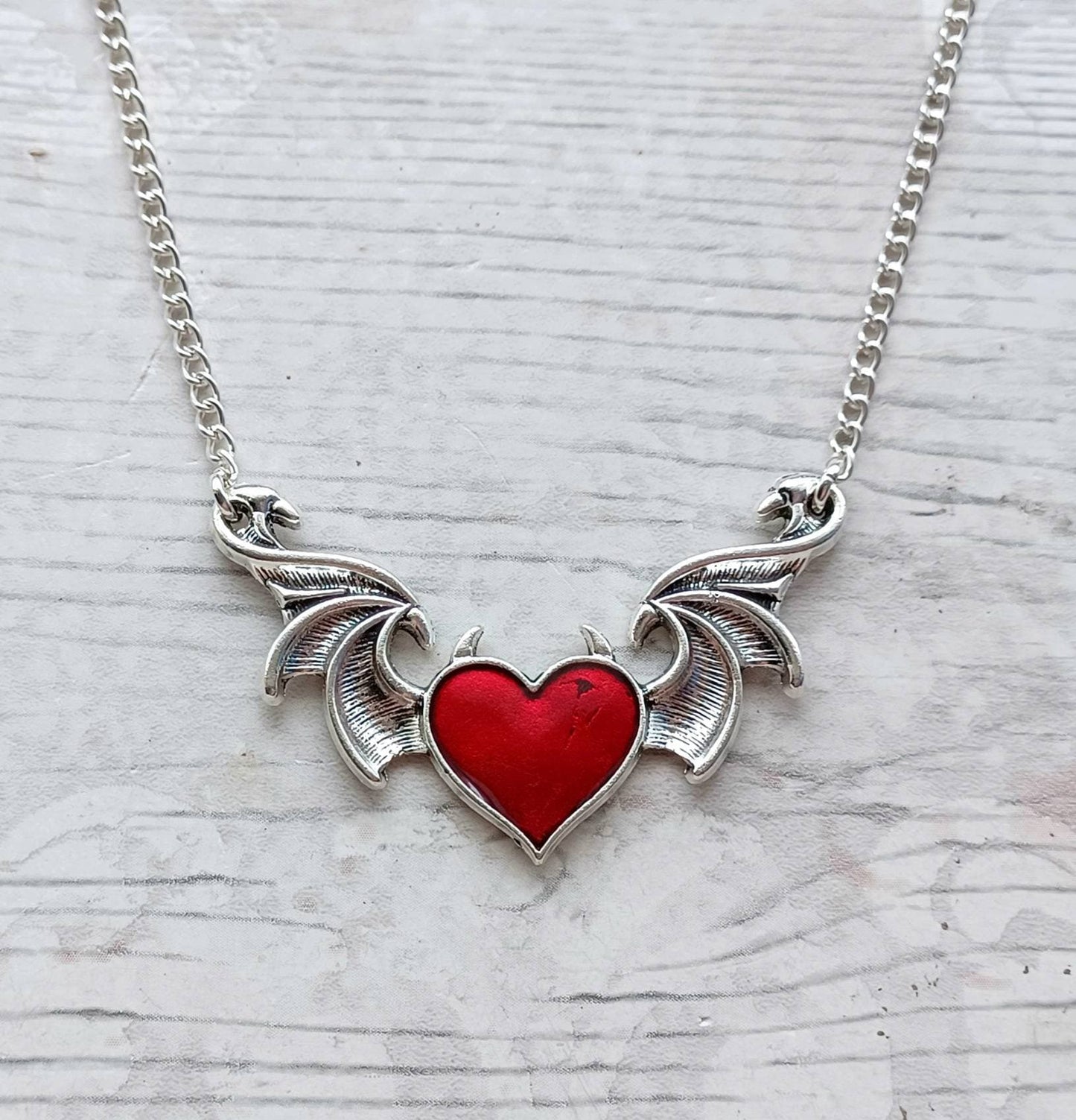 Winged heart necklace, devil heart with horns necklace, halloween jewellery, gothic jewellery, steampunk present, gifts for her