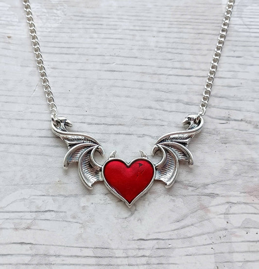 Winged heart necklace, devil heart with horns necklace, halloween jewellery, gothic jewellery, steampunk present, gifts for her
