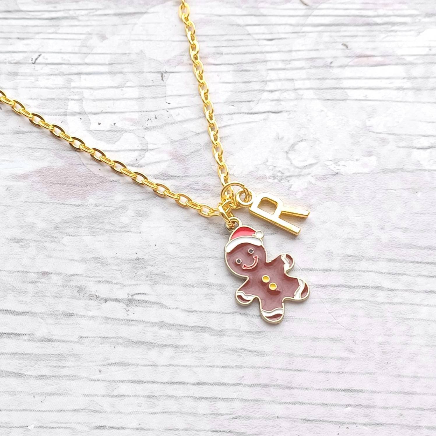 Gingerbread man necklace, Christmas biscuit jewellery, stocking filler, festive Xmas jewellery, personalised initial gifts