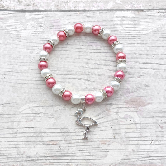 flamingo bracelet, tropical bird jewellery, summer accessory, funky gift for girls, animal lover, beaded bracelet