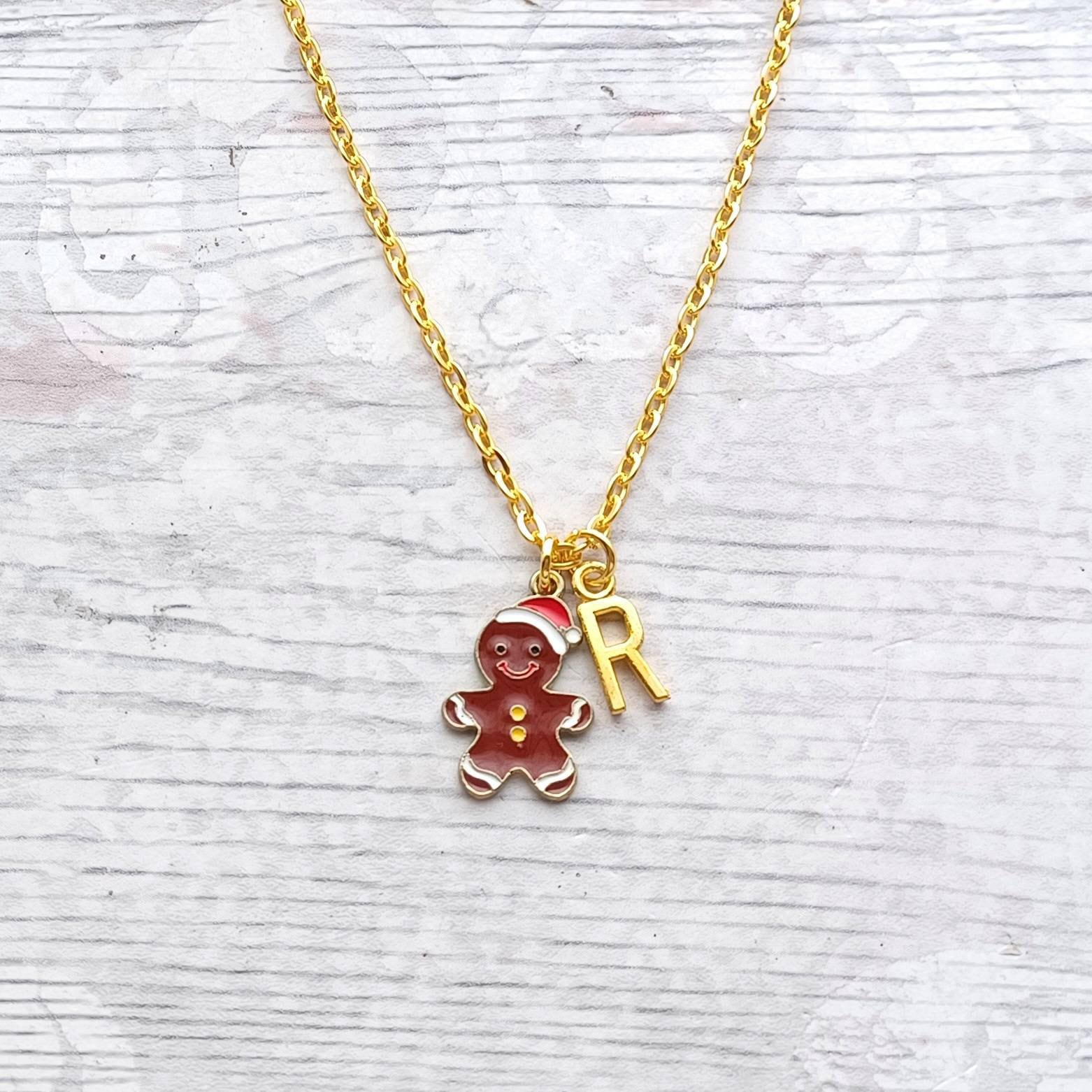 Gingerbread man necklace, Christmas biscuit jewellery, stocking filler, festive Xmas jewellery, personalised initial gifts