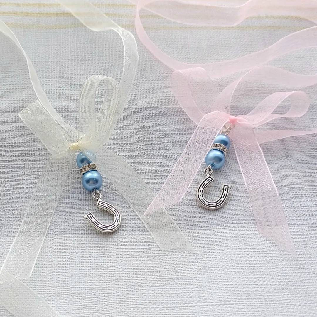 Something blue bouquet charm, horseshoe charm for wedding flowers, good luck charm, bridal flower charm