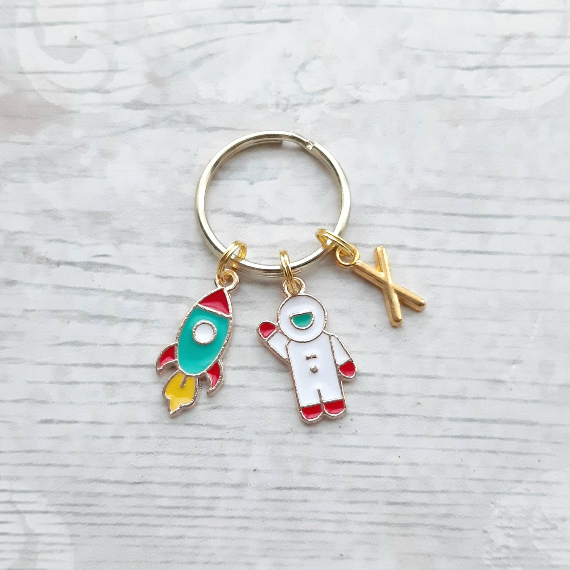 Rocket ship keychain, personalised astronaut keychain, initial keyring, planet keyring, space present, galaxy gift, spaceman