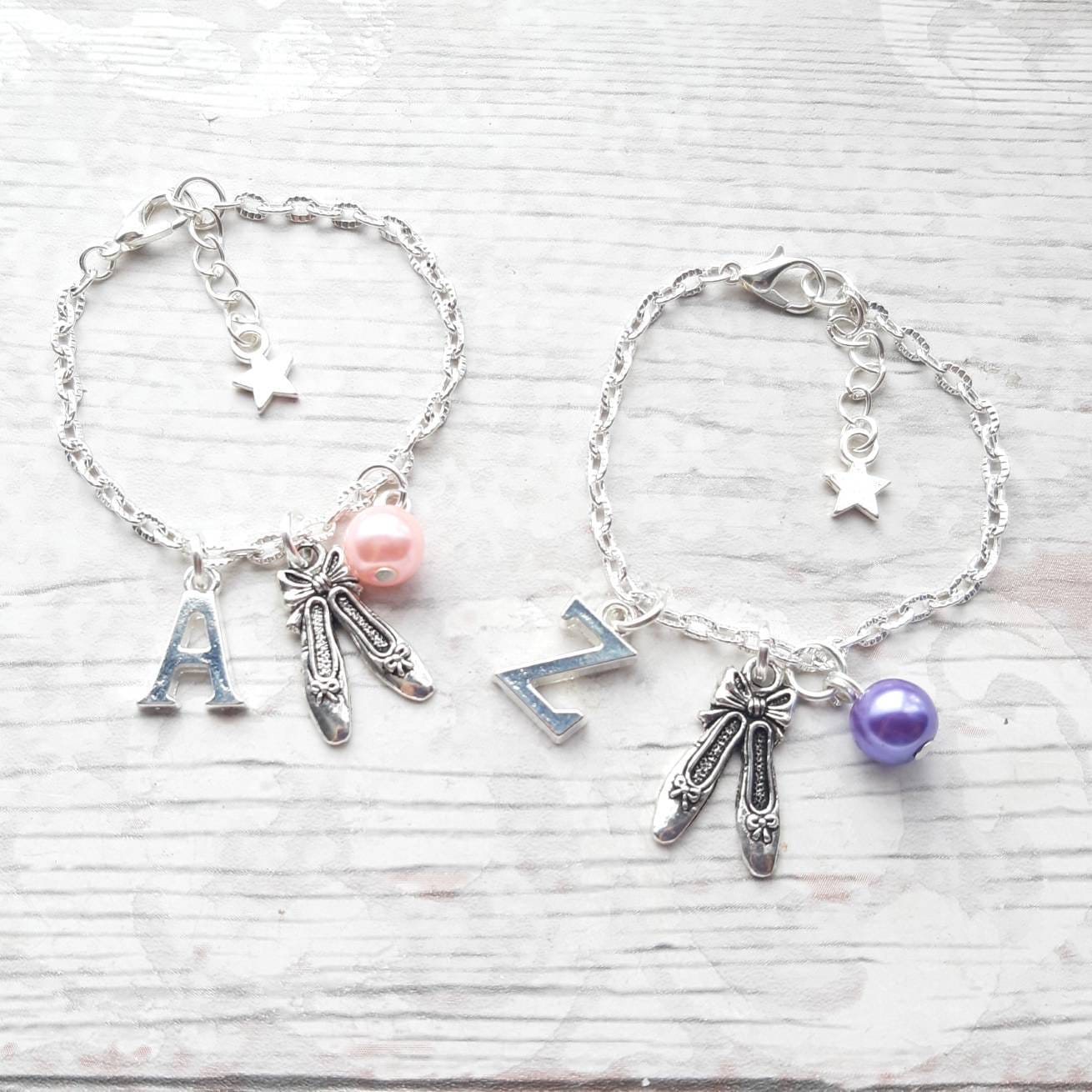 Ballet shoe bracelet, ballerina slipper jewellery, dance jewelry, personalised present, initial bracelet, dancer present, gifts for girls
