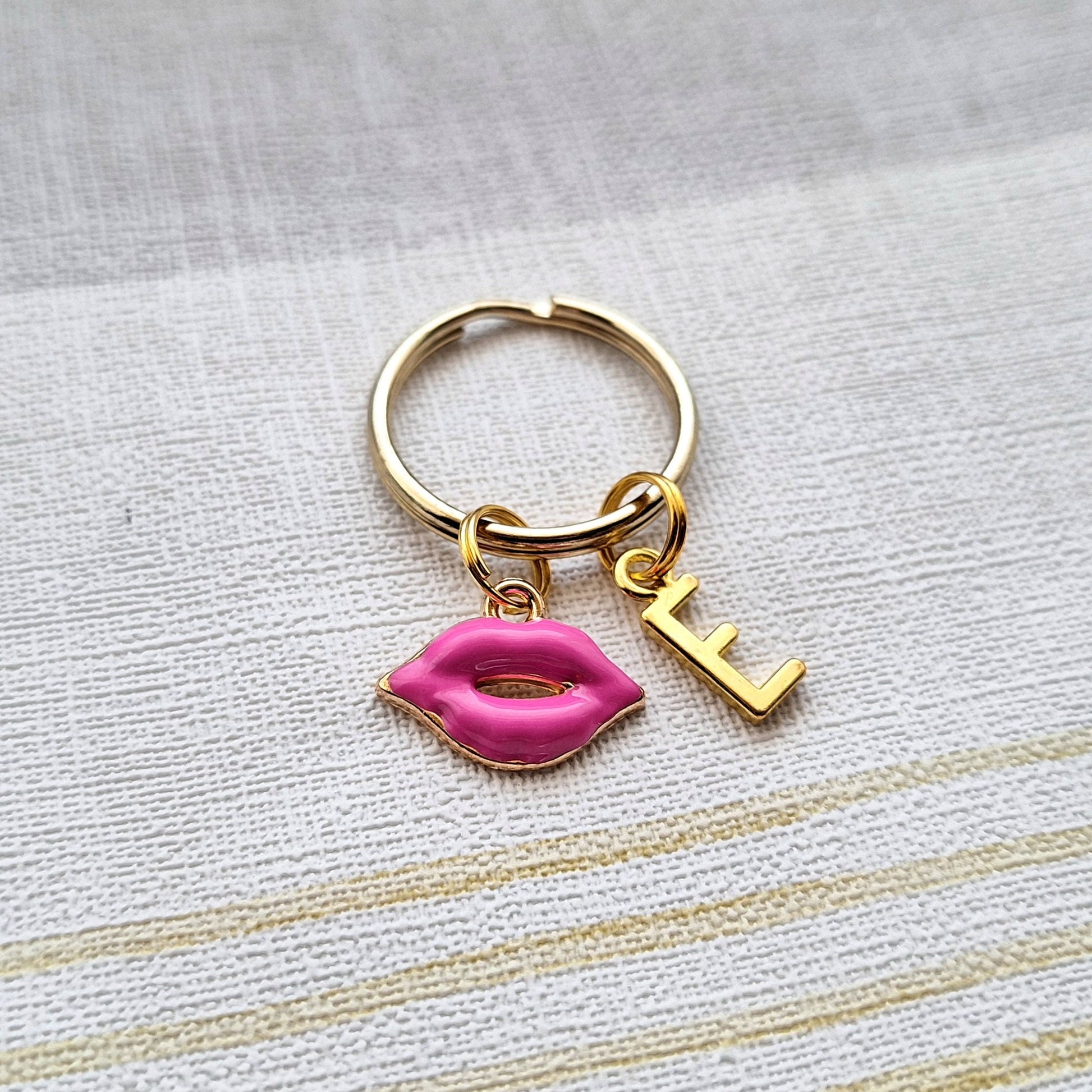 Lips keyring, kiss keychain, pretty in pink gift, gift for a princess, initial keyring, girly present, valentines day