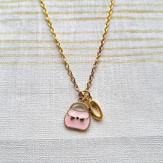 Handbag necklace, initial purse jewellery, hand bag gift, pretty in pink gift, princess present, friendship jewellery