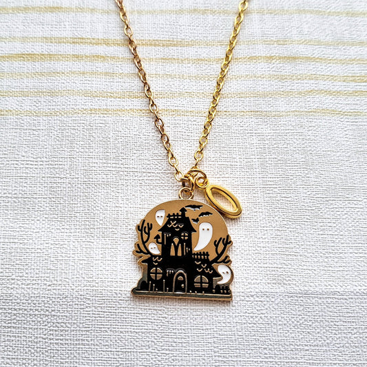 Haunted house necklace, ghost mansion jewellery, spooky halloween jewelry, gothic gift, present for witch