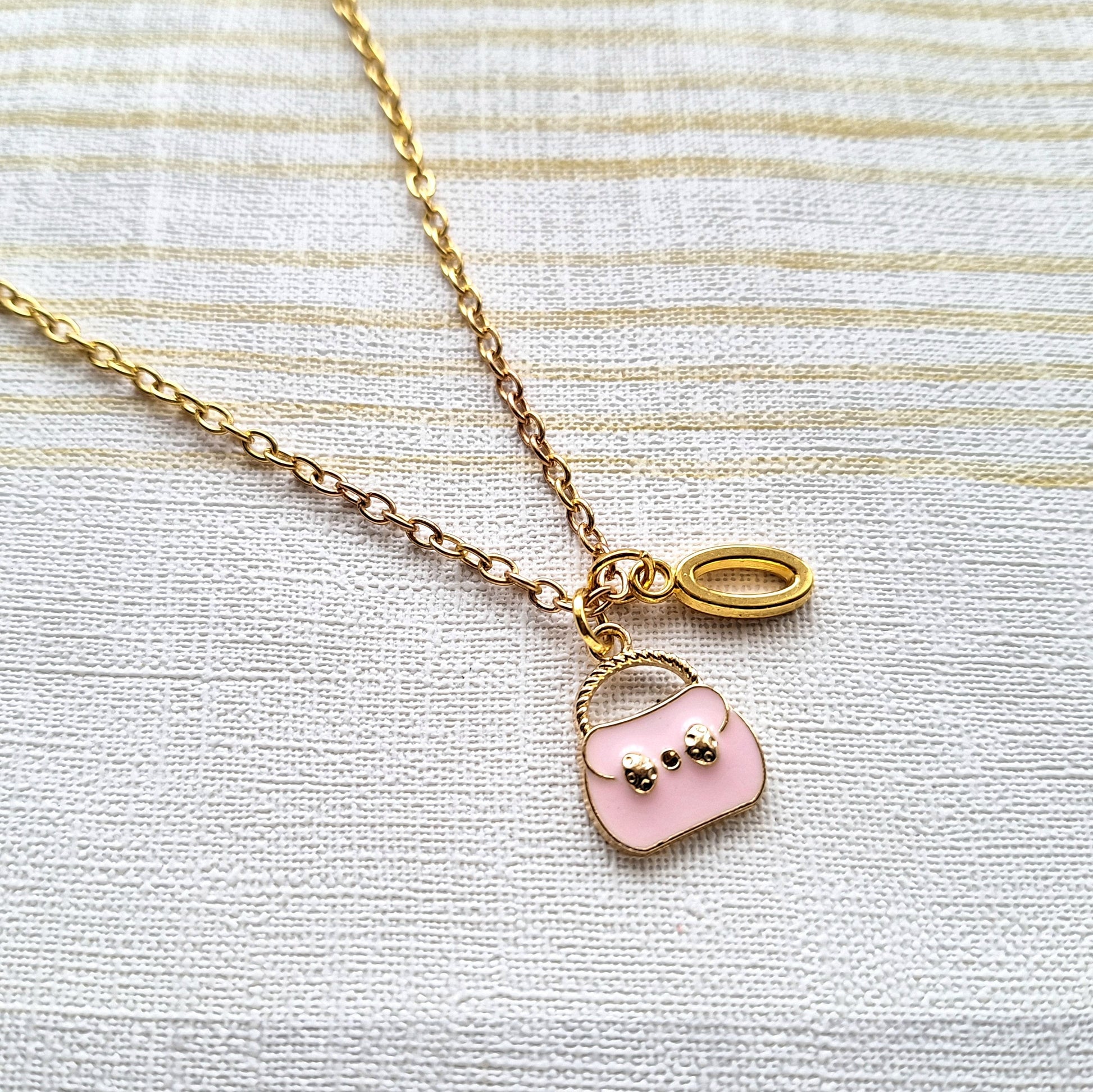 Handbag necklace, initial purse jewellery, hand bag gift, pretty in pink gift, princess present, friendship jewellery