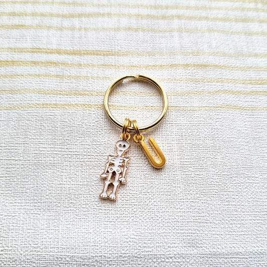 Skeleton keyring, personalised initial keychain, spooky halloween jewelry, gothic present, gift for teenagers