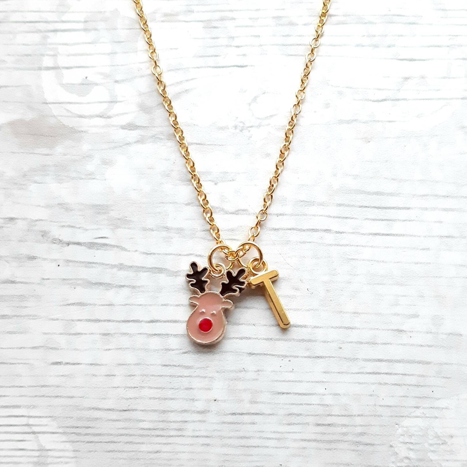 Reindeer necklace, festive Christmas jewellery, animal lover gift, deer stocking filler, personalised initial jewellery