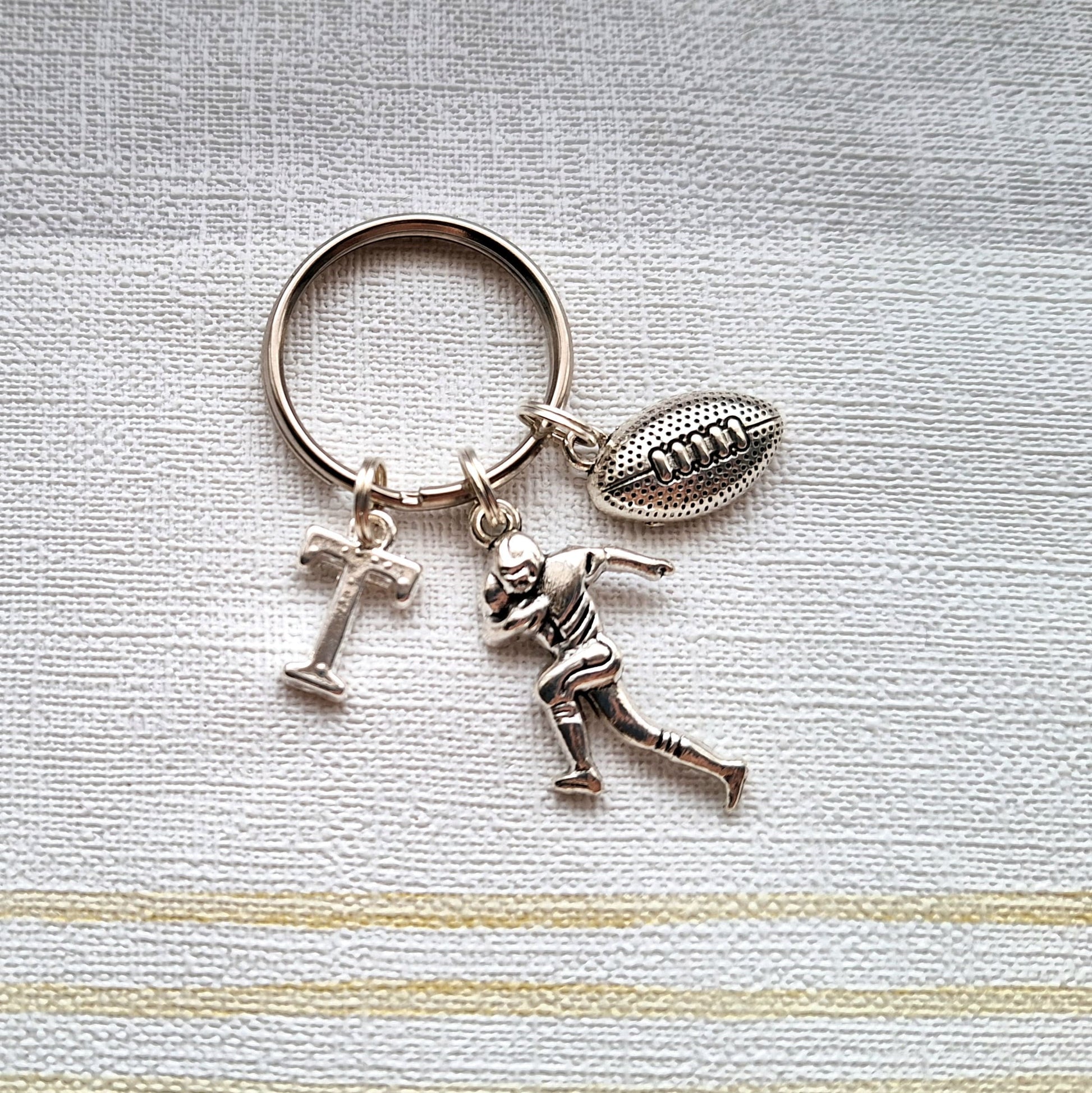 Rugby player keyring, American football keychain, sports crazy teenager, fathers day gift, personalised initial keyring