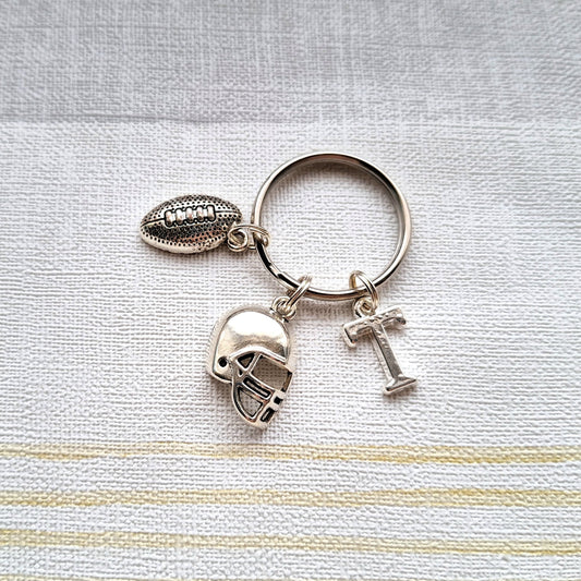 Rugby keyring, American football keychain, sports crazy teenager, fathers day gift, personalised initial keyring