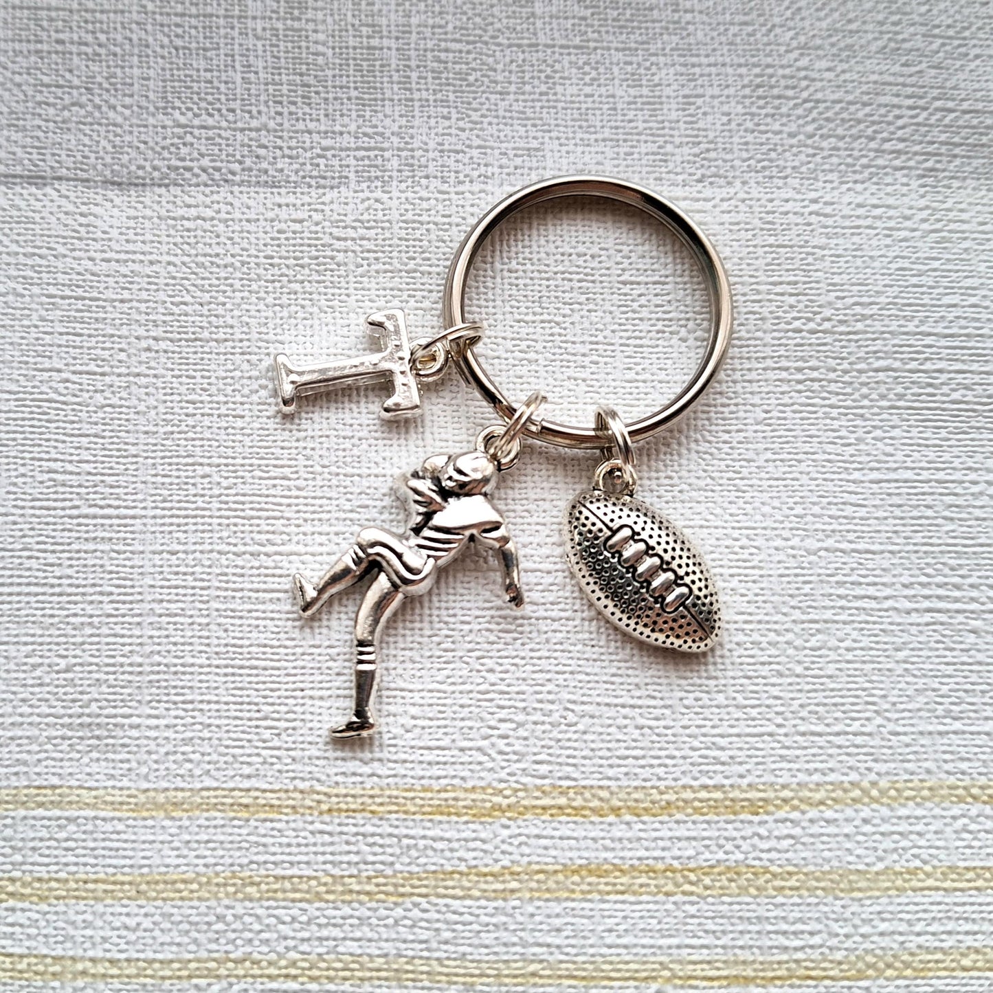 Rugby player keyring, American football keychain, sports crazy teenager, fathers day gift, personalised initial keyring