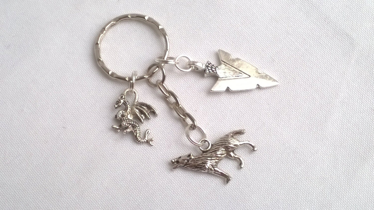 dragon and wolf keyring, arrowhead keychain, arrow keyring, wolf bagcharm, medieval keychain, viking bag charm, gifts for her, gifts for him